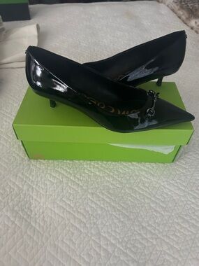 Sam Edelman Kaya Black Patent Pointed Kitten Heel Pumps with Chain